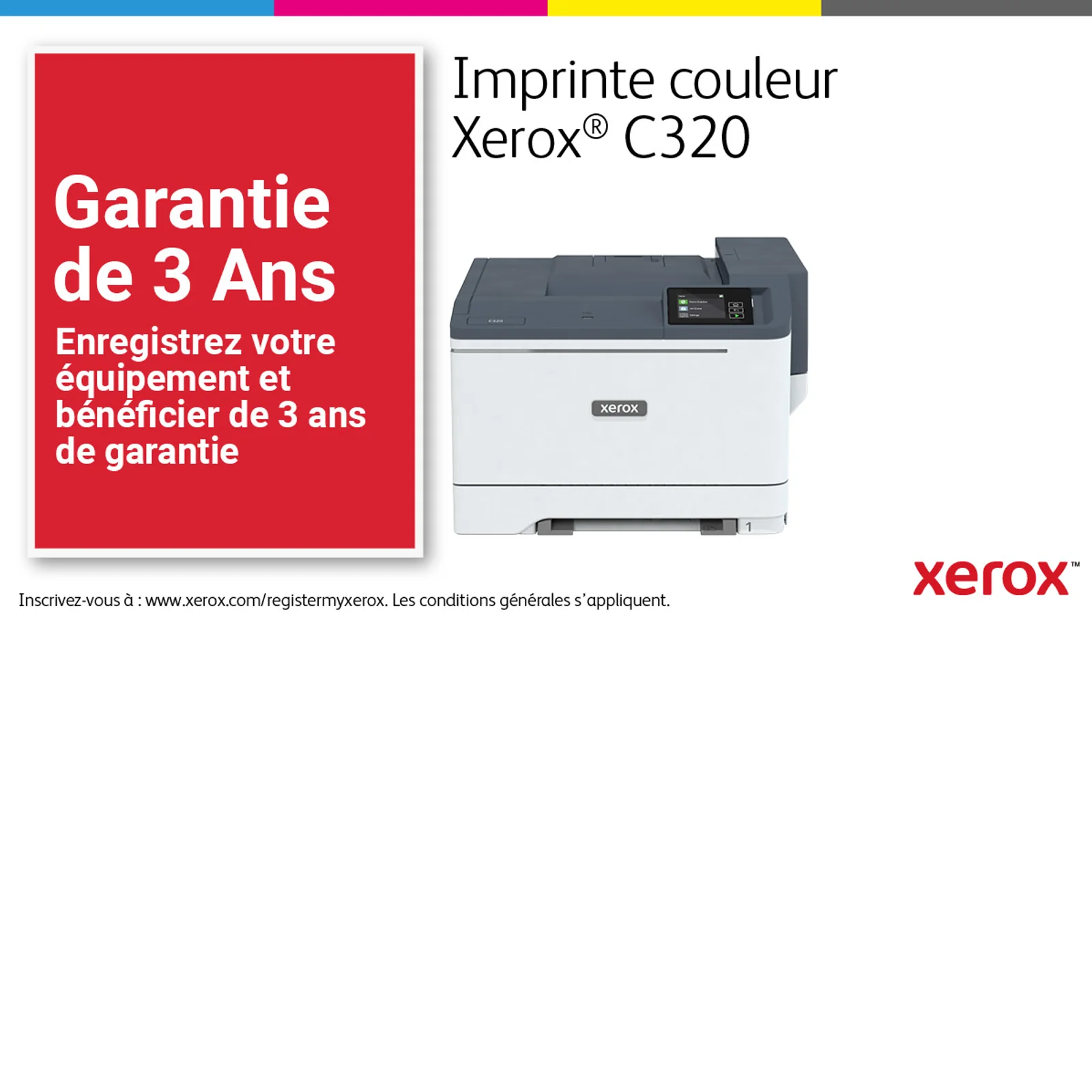 Xerox C320 Imprimante recto verso sans fil A4 33 ppm, PS3 PCL5e/6, 2 magasins Total 251 feuilles