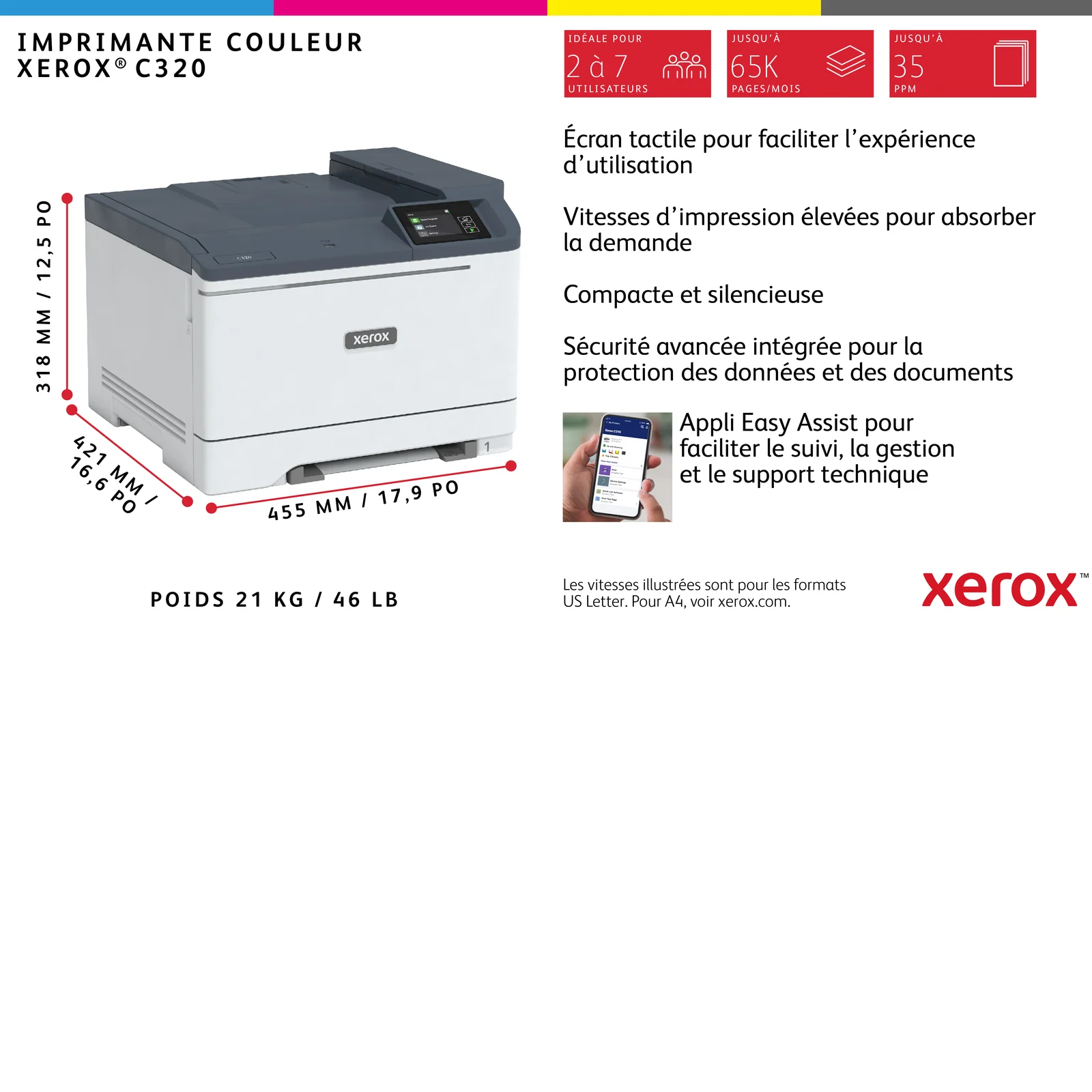 Xerox C320 Imprimante recto verso sans fil A4 33 ppm, PS3 PCL5e/6, 2 magasins Total 251 feuilles