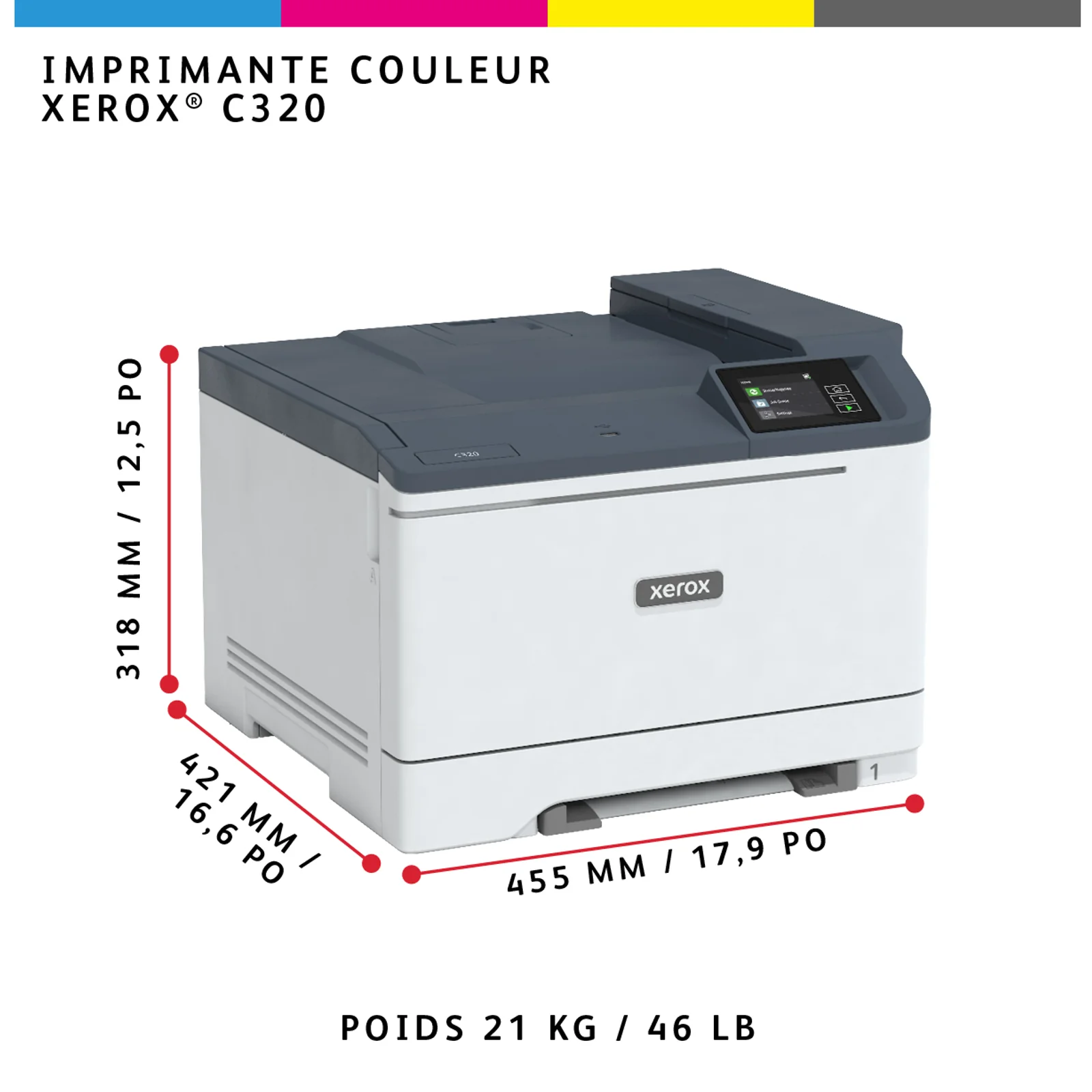 Xerox C320 Imprimante recto verso sans fil A4 33 ppm, PS3 PCL5e/6, 2 magasins Total 251 feuilles