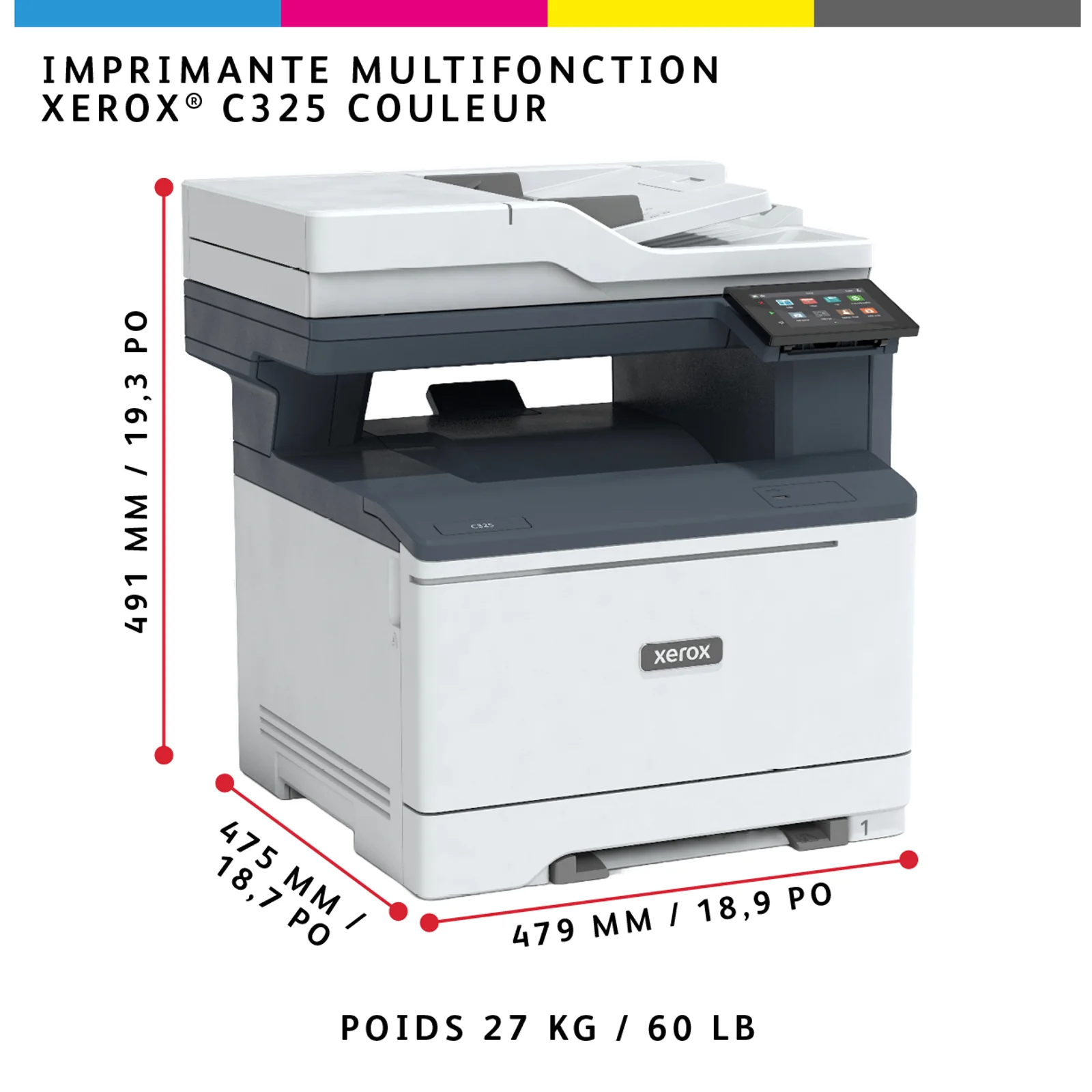 Xerox C325 copie/impression/numérisation/télécopie recto verso sans fil A4, 33 ppm, PS3 PCL5e/6, 2 magasins, 251 feuilles