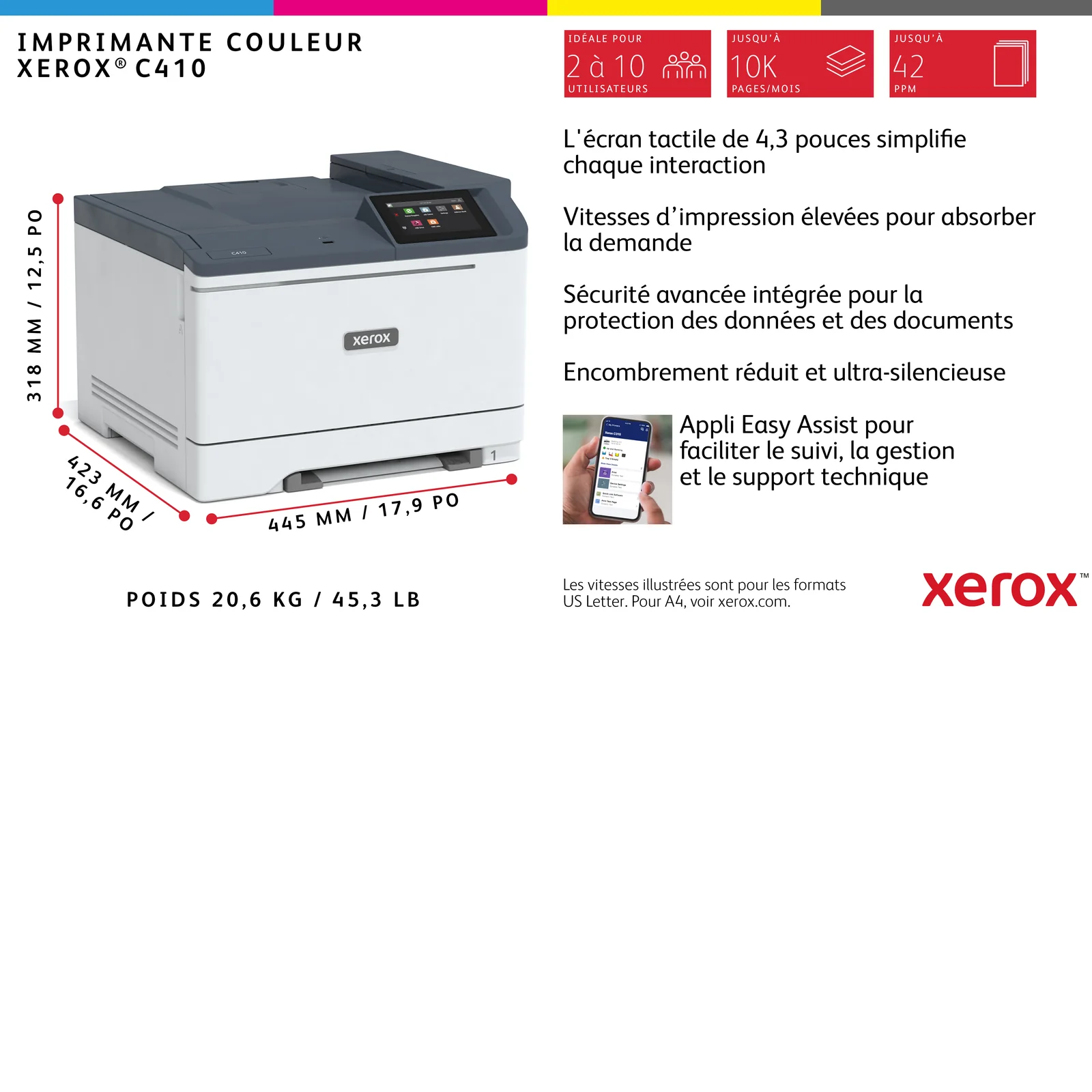 Xerox Imprimante recto verso A4 40 ppm C410, PS3 PCL5e/6, 2 magasins 251 feuilles