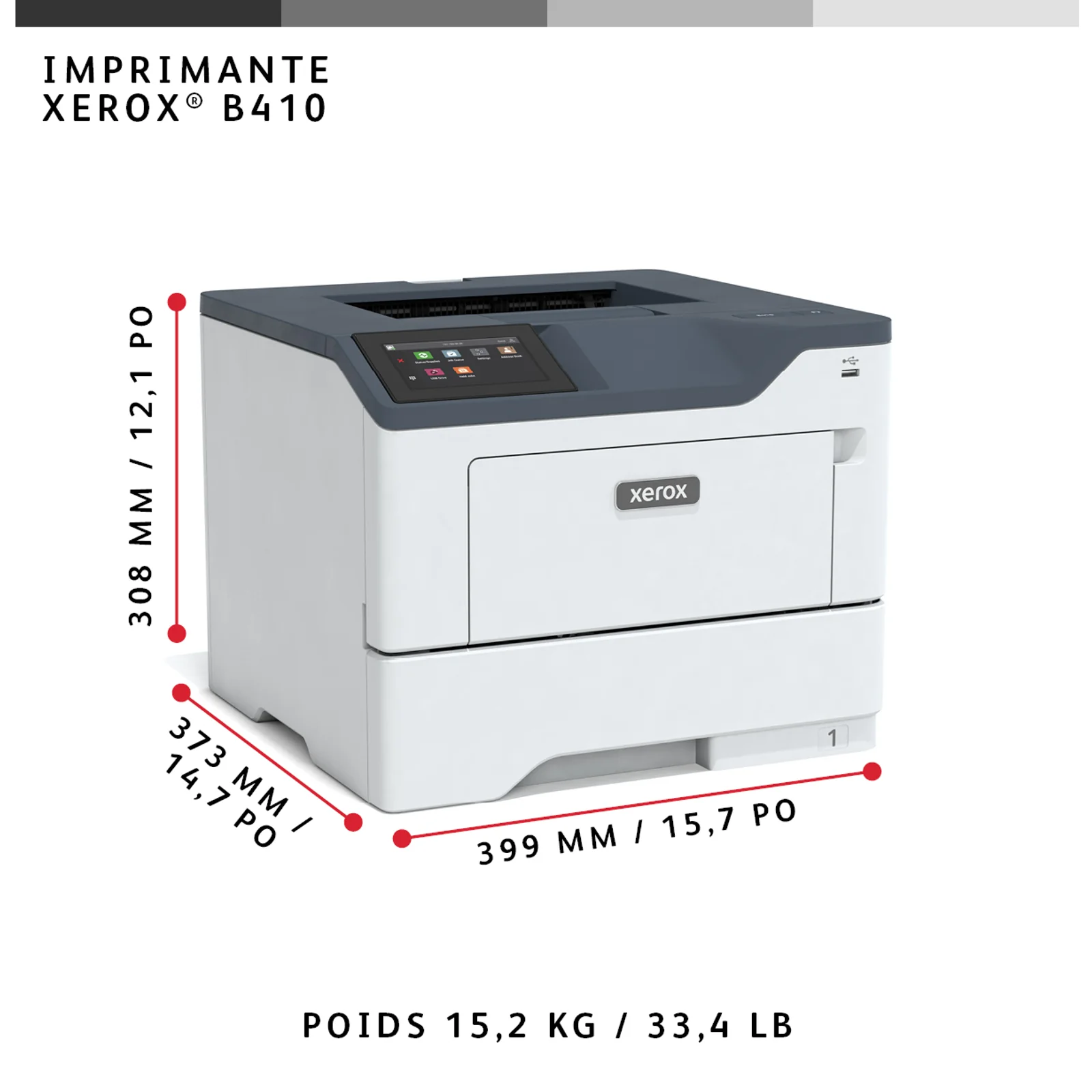 Xerox Imprimante recto verso A4 47 ppm B410, PS3 PCL5e/6, 2 magasins, total 650 feuilles