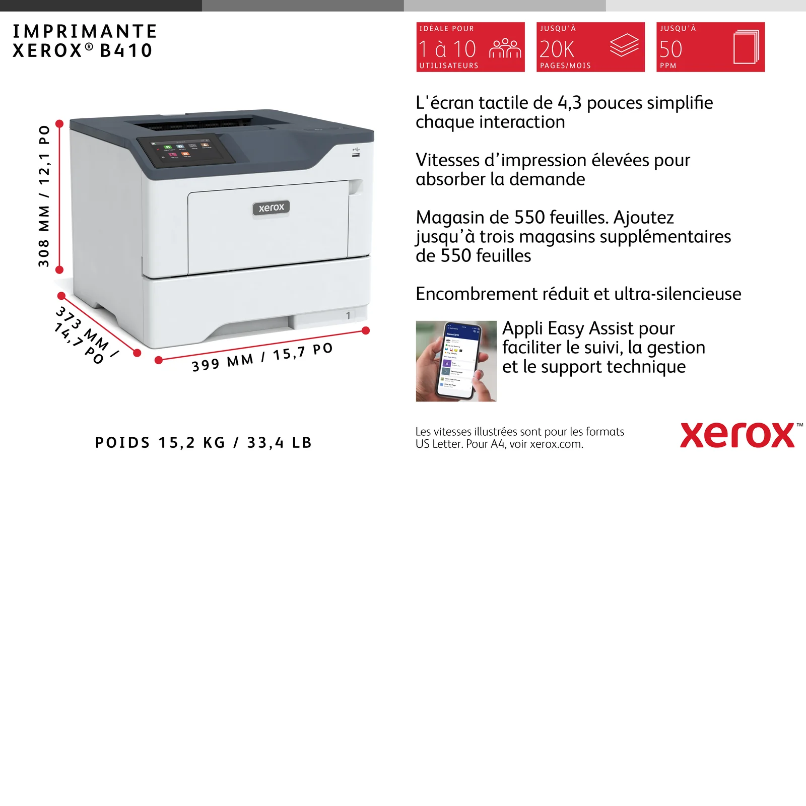 Xerox Imprimante recto verso A4 47 ppm B410, PS3 PCL5e/6, 2 magasins, total 650 feuilles