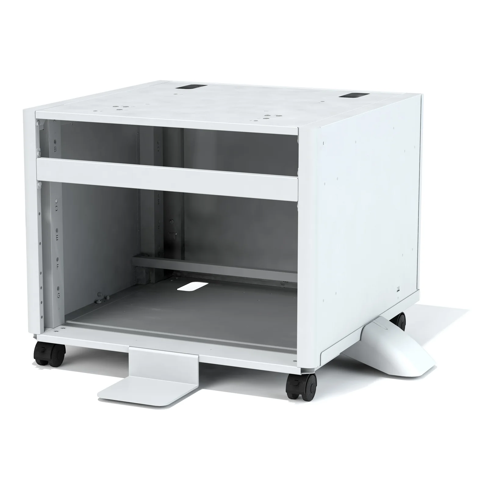 Vue 3/4 avant droite du support Xerox montrant les glissières de réglage de hauteur dans les panneaux latéraux.
