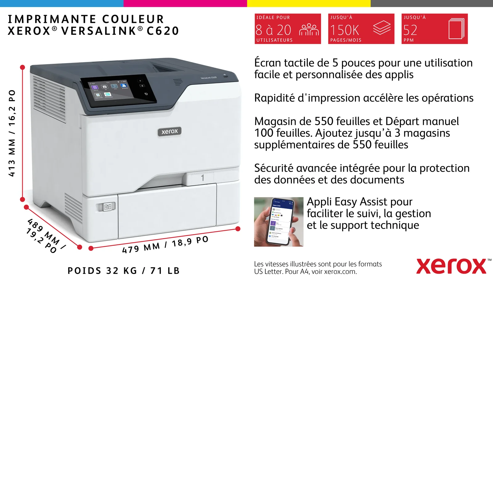 Xerox VersaLink C620 - Imprimante recto verso A4 50 ppm, PS3 PCL5e/6, 2 magasins 650 feuilles