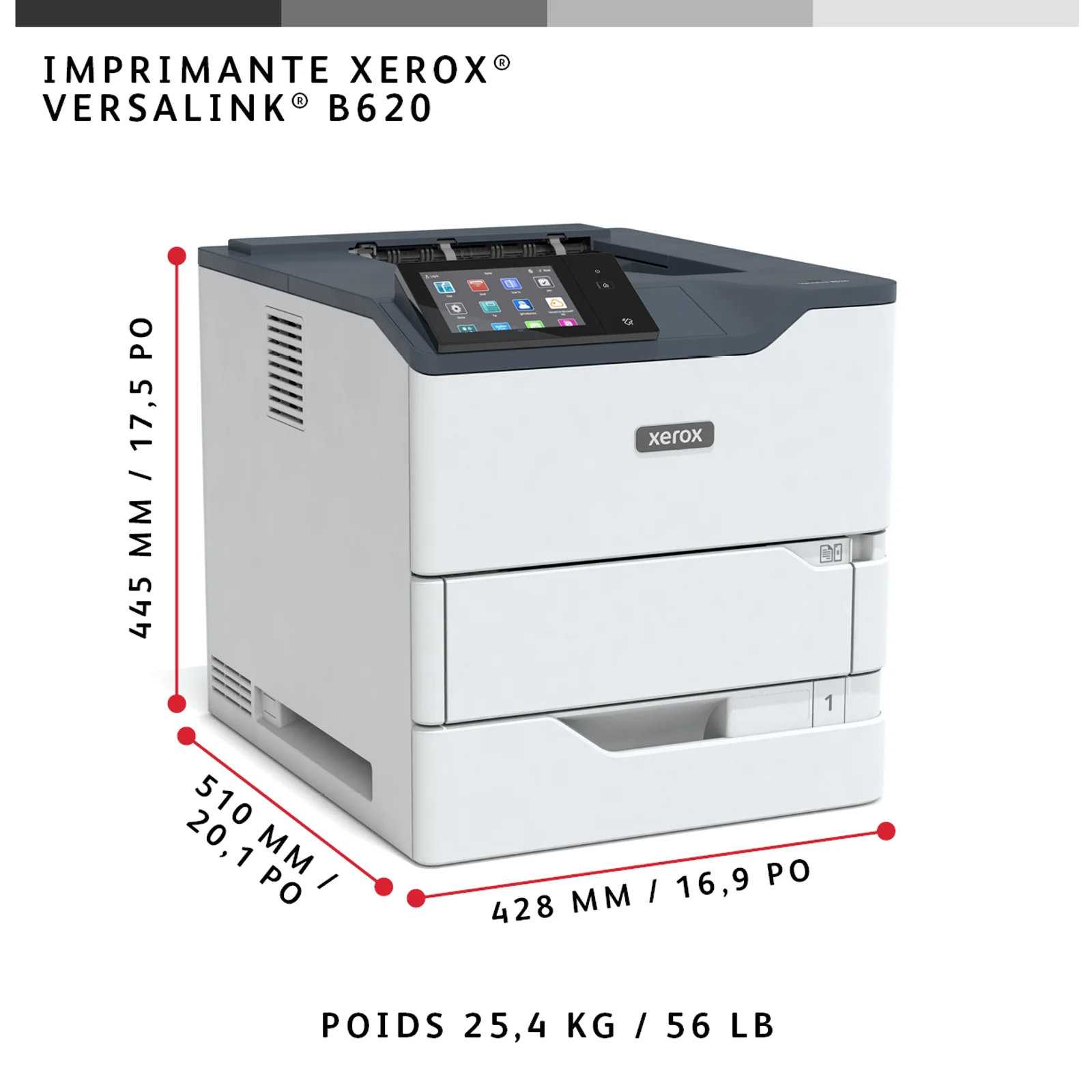 Xerox VersaLink Imprimante recto verso A4 61 ppm B620, PS3 PCL5e/6, 2 magasins 650 feuilles