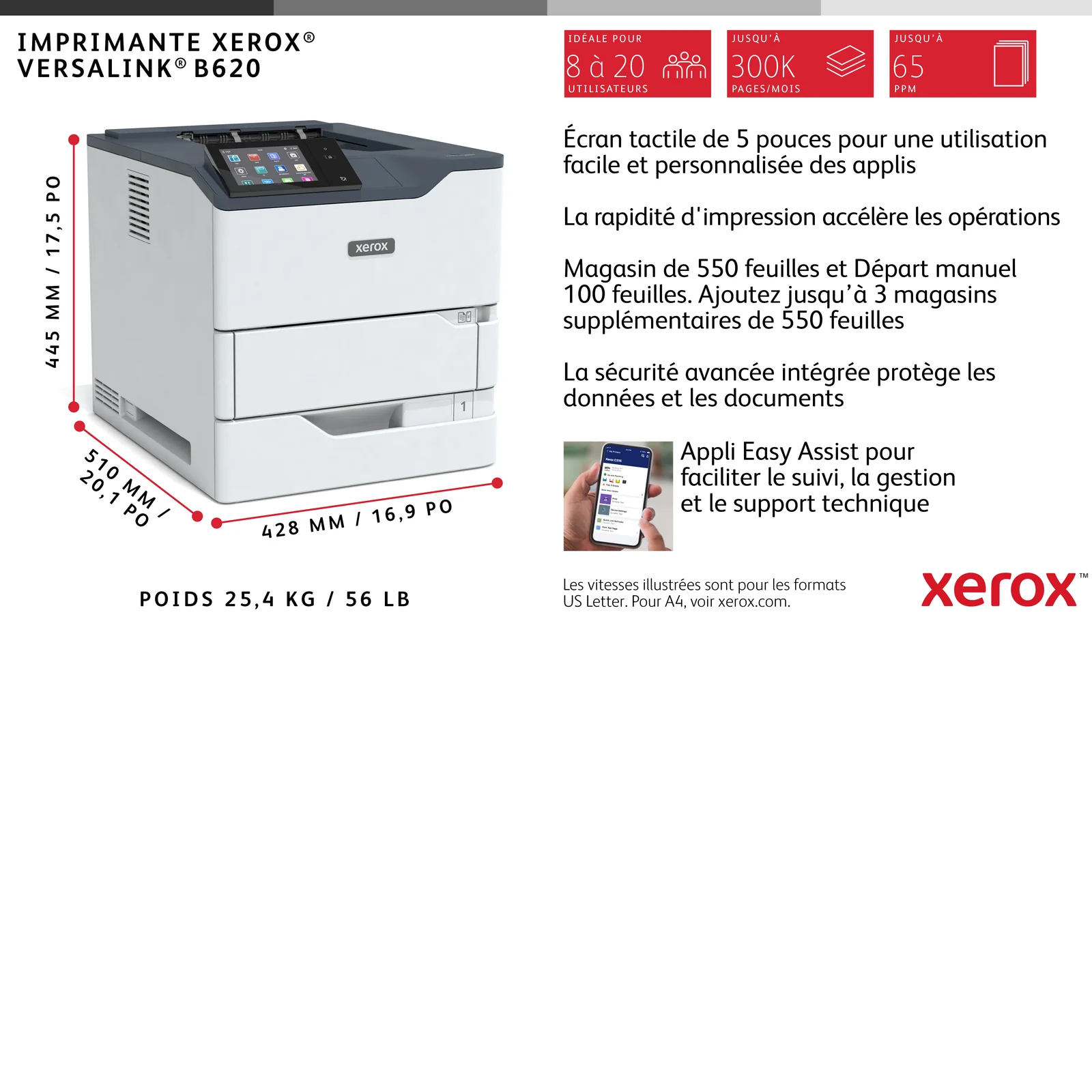 Xerox VersaLink Imprimante recto verso A4 61 ppm B620, PS3 PCL5e/6, 2 magasins 650 feuilles