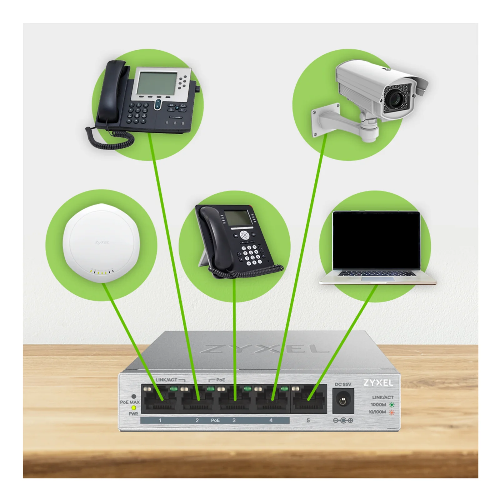 Zyxel GS1005HP Non-géré Gigabit Ethernet (10/100/1000) Connexion Ethernet, supportant l'alimentation via ce port (PoE) Argent