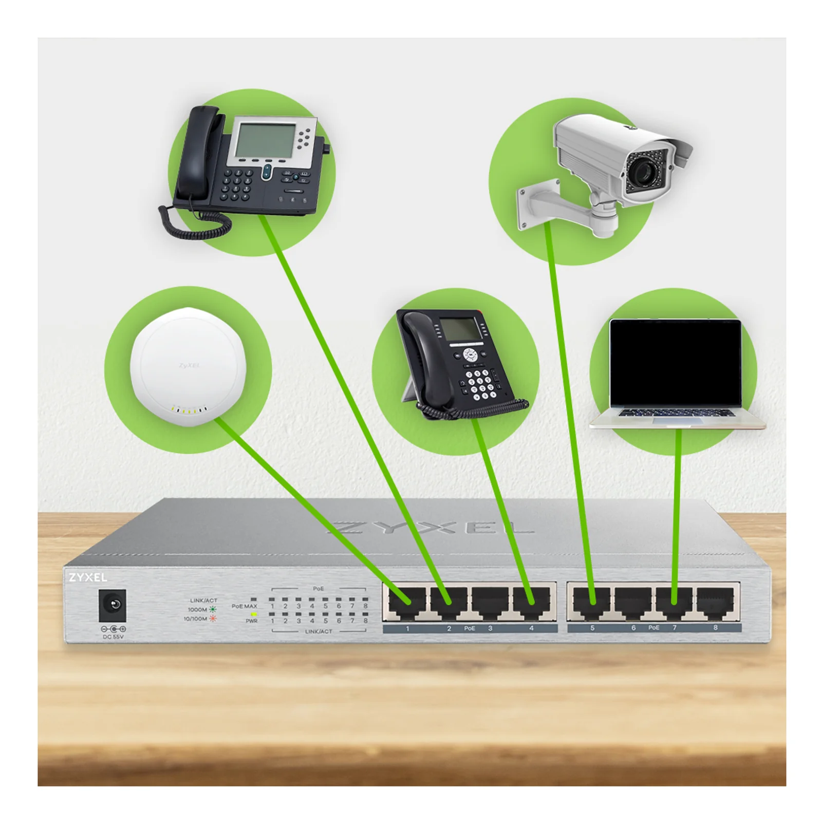 Zyxel GS1008HP Non-géré Gigabit Ethernet (10/100/1000) Connexion Ethernet, supportant l'alimentation via ce port (PoE) Gris