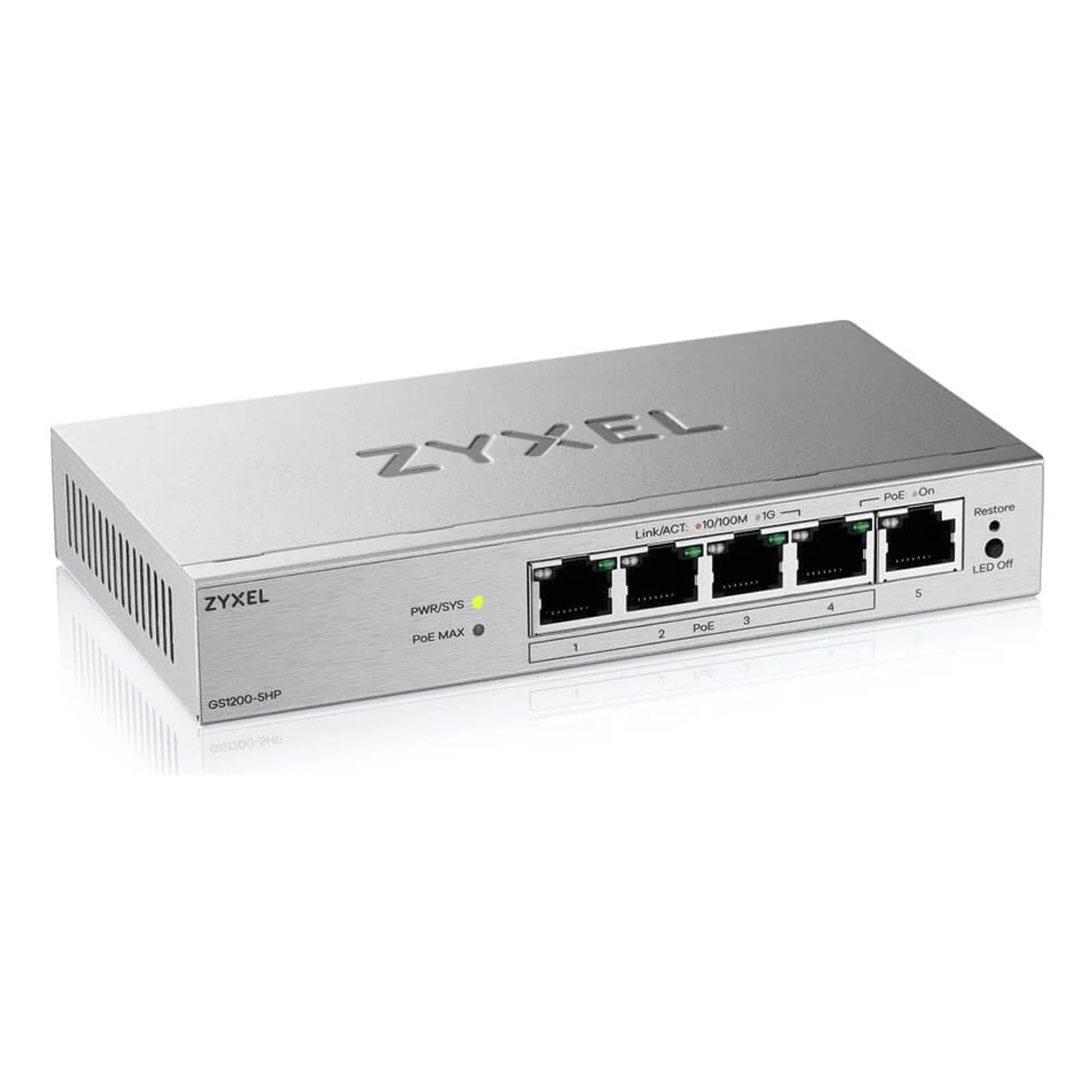 Zyxel GS1200-5HPV3 Géré L2 Gigabit Ethernet (10/100/1000) Connexion Ethernet, supportant l'alimentation via ce port (PoE) Bureau Gris