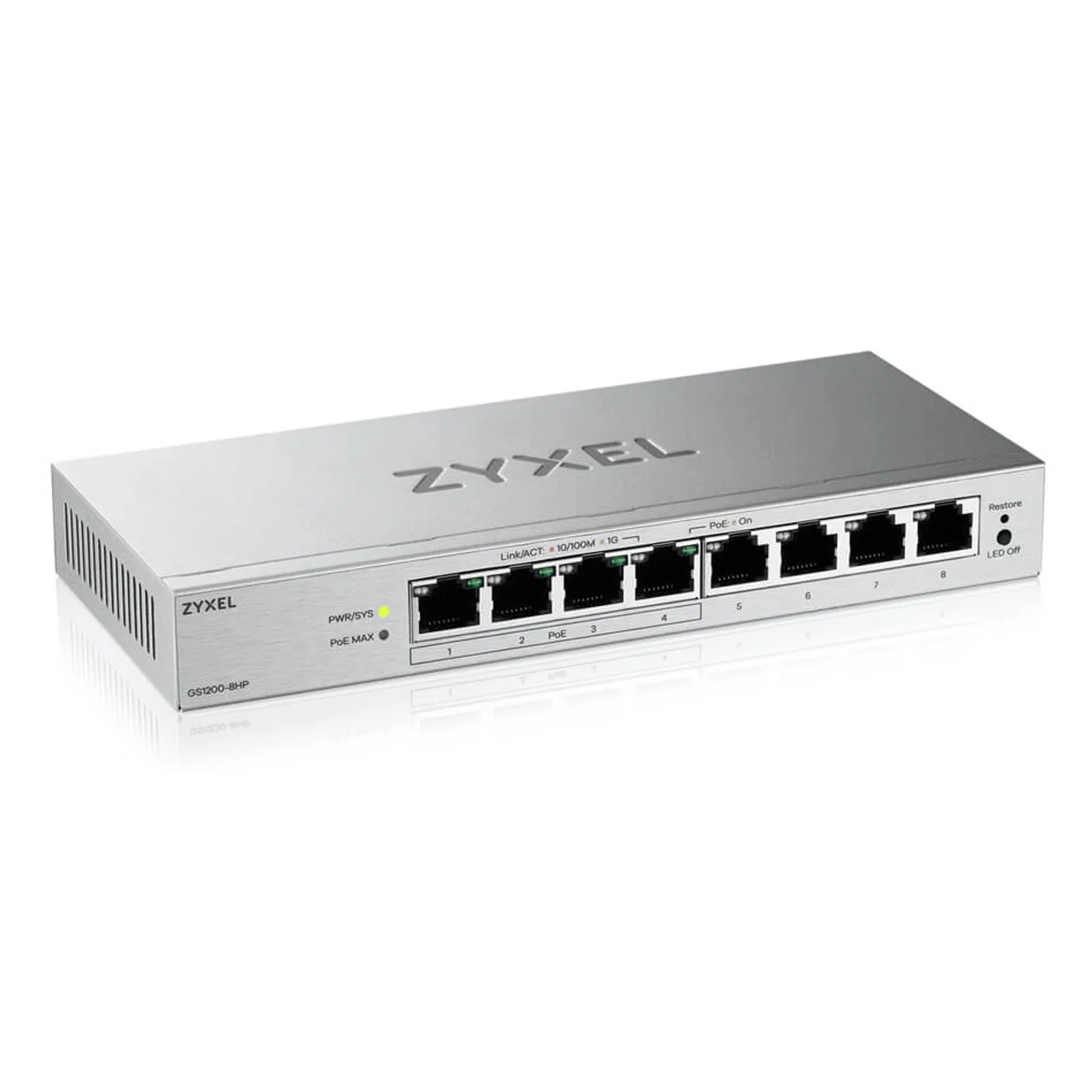 Zyxel GS1200-8HPV3 Géré L2 Gigabit Ethernet (10/100/1000) Connexion Ethernet, supportant l'alimentation via ce port (PoE) Bureau Gris