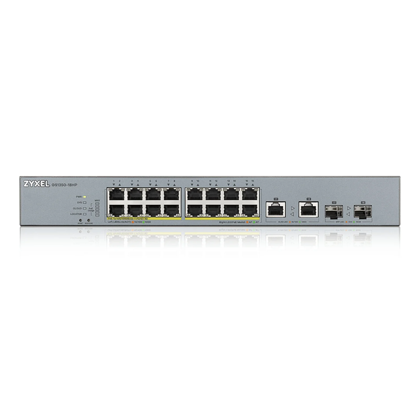 Zyxel GS1350-18HP-EU0101F commutateur réseau Géré L2 Gigabit Ethernet (10/100/1000) Connexion Ethernet, supportant l'alimentation via ce port (PoE) Gris