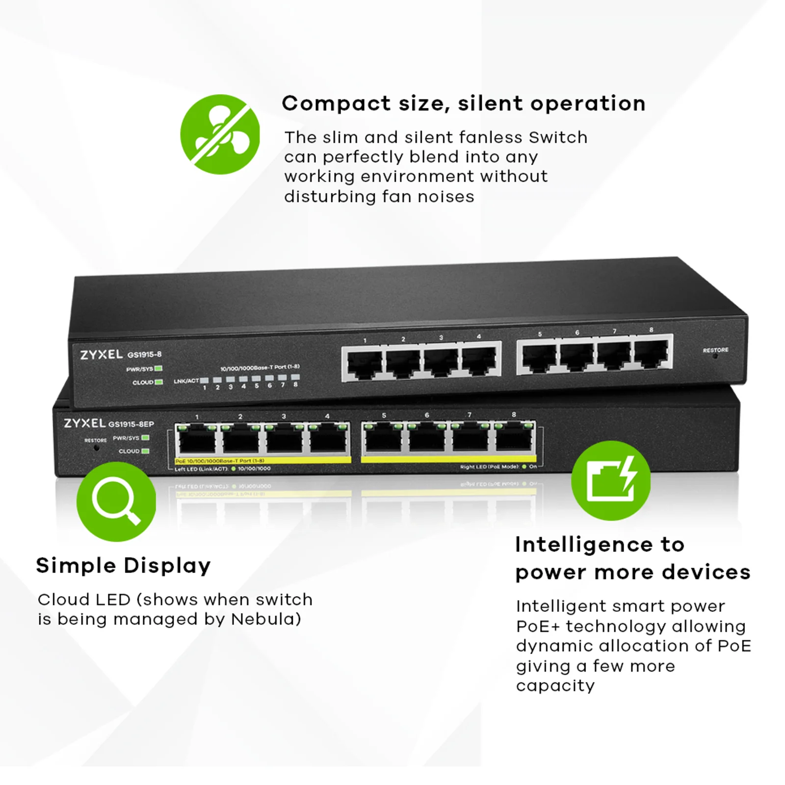 Zyxel GS1915-8EP Géré L2 Gigabit Ethernet (10/100/1000) Connexion Ethernet, supportant l'alimentation via ce port (PoE) Noir
